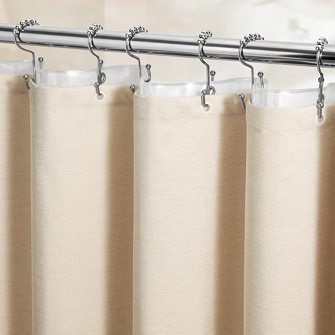 BTTN 3 in 1 Shower Curtain Set - 84 Inch Extra Long Linen Textured Cloth Shower Curtain and Clear Liner with Plastic Hook, Tall Modern Waterproof Shower Curtain for Bathroom, Cream/Beige, 72x84