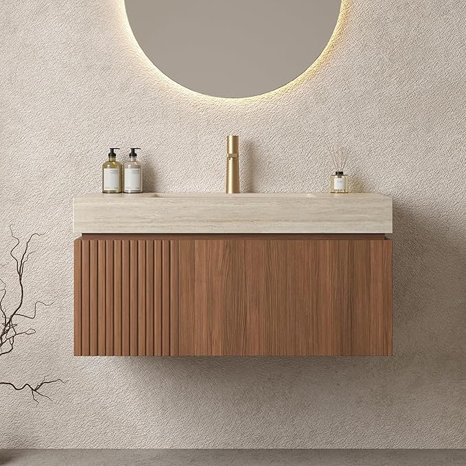 Bathroom Vanity with Sink 36 Inch, Floating Bathroom Vanity Sink Cabinet with Drawer and Door, Undermount Sink & Travertine-Pattern Sintered Stone Top, Pre-Assembled, Brown Oak