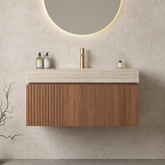 Bathroom Vanity with Sink 36 Inch, Floating Bathroom Vanity Sink Cabinet with Drawer and Door, Undermount Sink & Travertine-Pattern Sintered Stone Top, Pre-Assembled, Brown Oak