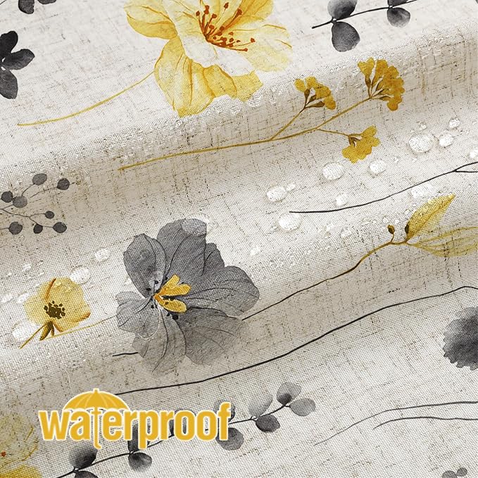 Yellow Linen Watercolor Floral Fabric Shower Curtain, 72x72 | Linen Fabric, Modern Minimalist Floral Print, Machine Washable, Rustproof Grommets, for Bathroom Home
