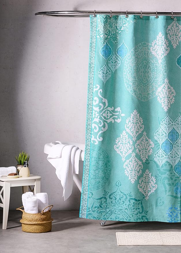 Maison d' Hermine Shower Curtain 100% Cotton One Panel 70"x72" Washable Fabric Shower Curtains for Bathroom, Easy Hanging with 12 Button Holes - Home Spa Easter Gifts (Versailles - Turquoise)