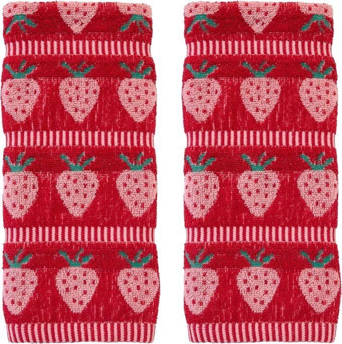 SKL Home Strawberry Jacquard Hand Towel Set-2pc, 100% Cotton, Red | Plush & absorbent terry. For use in the bathroom, kitchen or bar. Great for spring, summer & year-round décor.