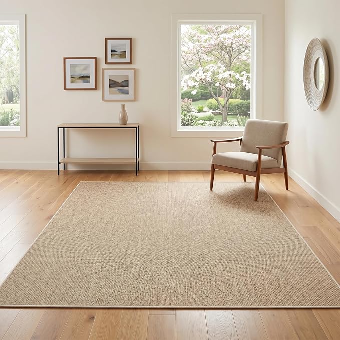 Garvee Woven Textured Area Rug 5x7 Washable Rugs for Living Room Tan | Non Slip Non-Shedding Bedroom Rug Ultra-Thin Low Pile Carpet Farmhouse Neutral Floor Mat for Nursery Dining Room Office Dorm