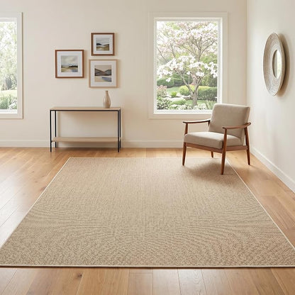 Garvee Woven Textured Area Rug 5x7 Washable Rugs for Living Room Tan | Non Slip Non-Shedding Bedroom Rug Ultra-Thin Low Pile Carpet Farmhouse Neutral Floor Mat for Nursery Dining Room Office Dorm