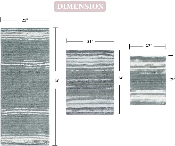 Home Weavers 100% Cotton Gradiation Collection Bathroom Décor | Washable Rug | Bathroom Mat | Kitchen Mat | Bathroom Rug Set | Bath Mat Set | Bath Floor Mat Non Slip, 3 Piece Set with Runner, Gray