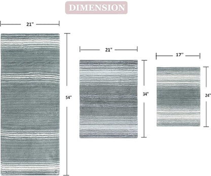 Home Weavers 100% Cotton Gradiation Collection Bathroom Décor | Washable Rug | Bathroom Mat | Kitchen Mat | Bathroom Rug Set | Bath Mat Set | Bath Floor Mat Non Slip, 3 Piece Set with Runner, Gray