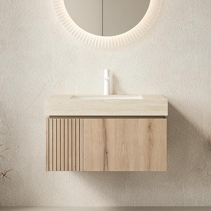 Bathroom Vanity with Sink 30 Inch, Floating Bathroom Vanity Sink Cabinet with Drawer and Door, Undermount Sink & Travertine-Pattern Sintered Stone Top, Pre-Assembled, White Oak