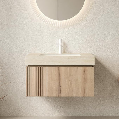 Bathroom Vanity with Sink 30 Inch, Floating Bathroom Vanity Sink Cabinet with Drawer and Door, Undermount Sink & Travertine-Pattern Sintered Stone Top, Pre-Assembled, White Oak