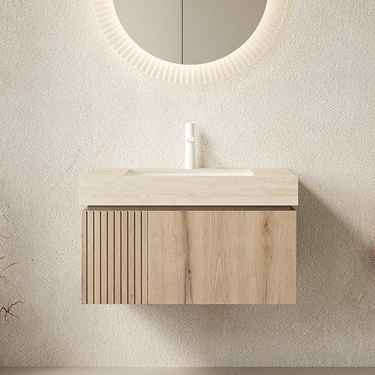 Bathroom Vanity with Sink 30 Inch, Floating Bathroom Vanity Sink Cabinet with Drawer and Door, Undermount Sink & Travertine-Pattern Sintered Stone Top, Pre-Assembled, White Oak