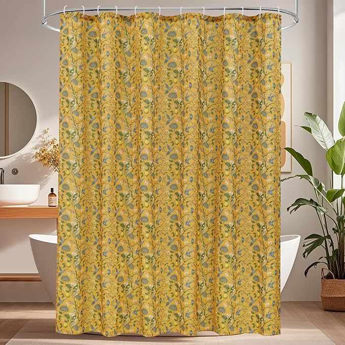 Yellow Floral Bird Shower Curtain 72x84, Hummingbird Jungle Botanical Shower Curtains, Victorian Vintage Farmhouse Chic French Country Style