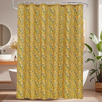 Yellow Floral Bird Shower Curtain 72x84, Hummingbird Jungle Botanical Shower Curtains, Victorian Vintage Farmhouse Chic French Country Style