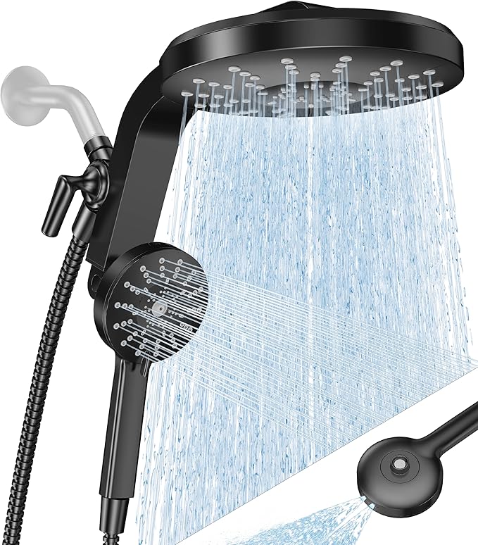 High Pressure Rain Showerhead Combo, 2026 Magnetic Shower Head Set with Detachable 8-Mode Handheld Shower Spray, Adjustable Angle Dual Showerhead with Built-in Magnetic Docking and Power Jets, ‎Black