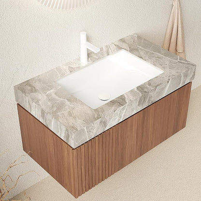 Ambrovina 36" Floating Bathroom Vanity with Sink, Modern Plywood Bathroom Storage Cabinet with Drawer and Door, Light Gray Sintered Stone Countertop and White Ceramic Basin, Pre-Assembled, Dark Oak