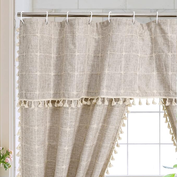 MitoVilla Tan Boho Double Swag Shower Curtain, Polyester Linen Fabric Shower Curtains for Farmhouse Bathroom Decor, Brown Cloth Shower Curtain Set with Hooks, 72 x 72