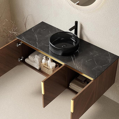 48 Inch Bathroom Vanity with Single Sink, Floating Bathroom Vanity with Vessel Sink, Modern Bathroom Vanity Cabinet with 3 Doors, Sintered Stone Countertop and Glass Basin,Brown Oak