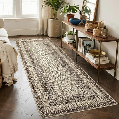 Imitation Braided Collection-Print Hallway Runners 2x10 Washable Area Rug, Farmhouse Rustic Area Rug with Non Slip Backing, Soft Low Pile Indoor Carpet Runners for Entryways, Laundry Room