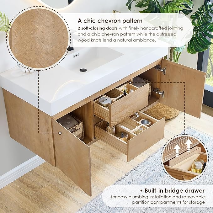 48 Inch Floating Sink Bathroom Vanity Wall Mount Single Vanities Overflow Mordern Large Storge Cabinet with Ceramic Countertop Double Soft Closing Drawers Pre-Assembled