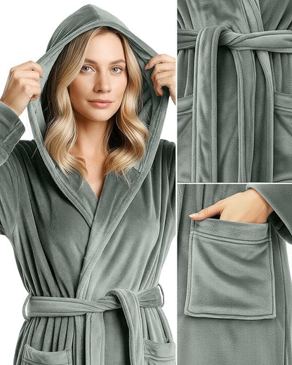 NY Threads Women's Fleece Hooded Bathrobe Plush Long Spa Robe, Medium