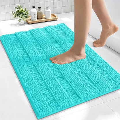 Smiry Thick Small Chenille Bathroom Rugs 24x16, Absorbent Bath Mat, Teal | Quick‑Dry & Machine Washable, Non‑Slip Bath Carpet, Soft Striped Bath Rugs for Tub & Shower, Modern Home Decor Accessories