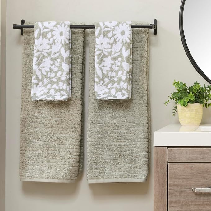 SKL Home CloudSoft/Bedford Floral Bath Towel Set-4pc, 100% Cotton, Sage | 2 Bath towels, 2 hand towels. 600 GSM weight. Spa-level quality. Soft & absorbent, reversible jacquard.