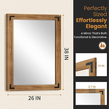 Wood Framed Bathroom Vanity Mirror for Wall, 26"x38" Farmhouse Mirror | Solid Wood Frame, HD Shatterproof Glass, Vertical/Horizontal Hanging, Ideal for Bathroom, Living Room, Bedroom