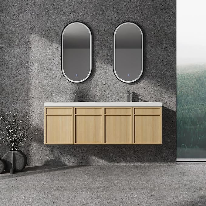60" Wall Mounted Bathroom Vanity - Floating Bathroom Vanity with Double Resin Sink, 4 Soft Closing Doors, Original Oak Plywood (KD-Packing)