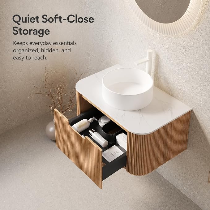 30 Inch Bathroom Vanity with Sink, Floating Wall Mounted Single Sink Vanity, Natural Woodgrain Curved Fluted Front, Stone Top, Pure White Round Vessel Basin, Pre-Assembled