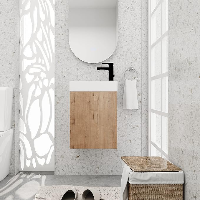 16 Inch Bathroom Vanity with White Sink Combo,Wall-Mounted Bathroom Vanity for Small Space,Modern Floating Bathroom Cabinet with Open Shelves,Brown