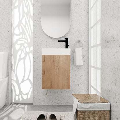 16 Inch Bathroom Vanity with White Sink Combo,Wall-Mounted Bathroom Vanity for Small Space,Modern Floating Bathroom Cabinet with Open Shelves,Brown