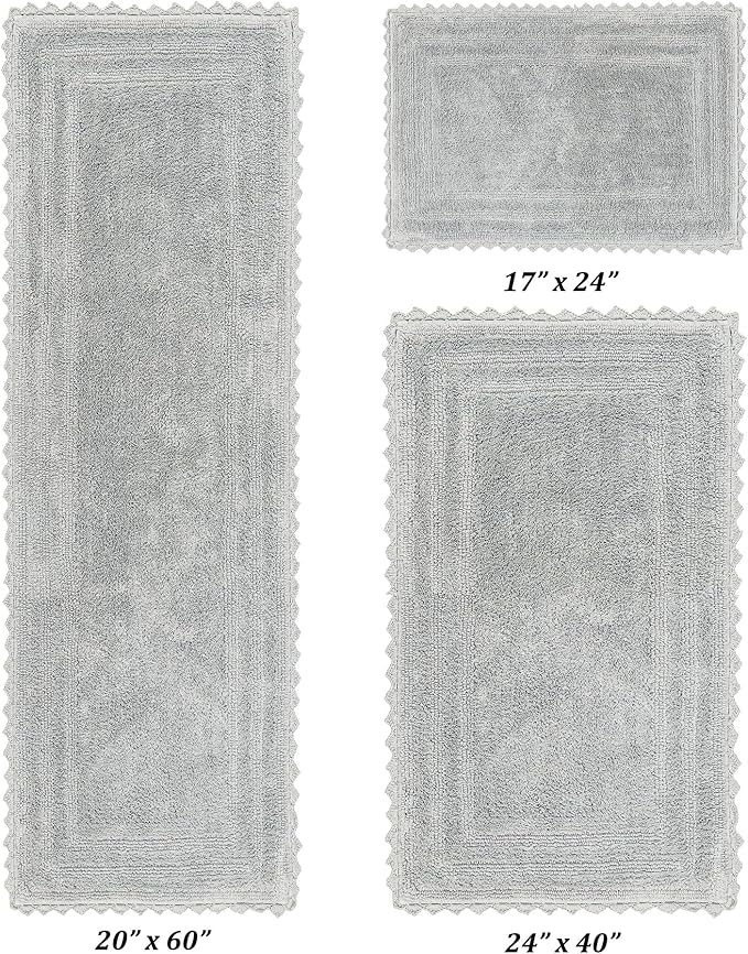Better Trends 3 Piece Lilly Crochet Large Bath Mat Set 100% Cotton Soft Luxury Runner Bathroom Rug Reversible Absorbent Washable for Bathroom Floor Decor, Bathtub, Gray