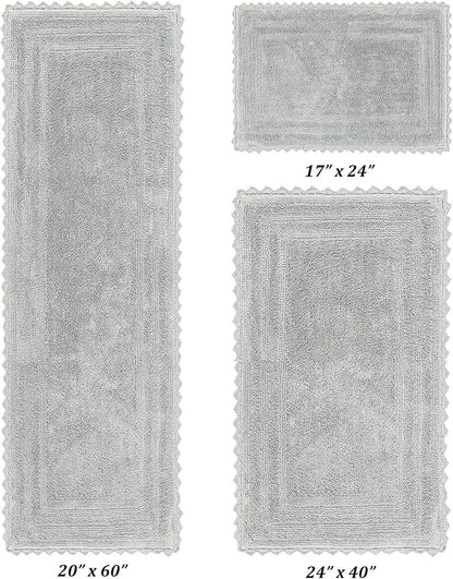 Better Trends 3 Piece Lilly Crochet Large Bath Mat Set 100% Cotton Soft Luxury Runner Bathroom Rug Reversible Absorbent Washable for Bathroom Floor Decor, Bathtub, Gray