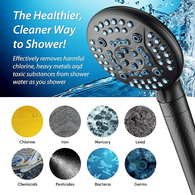 AquaCare 4X 10-Mode High Pressure Hand Shower w/Filter & 2-mode Power Wash | Filters Chlorine & Toxins, Softens Hard Water for Healthy Skin & Hair. Handheld Power Head Cleans Tub, Tile & Pets / Black