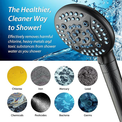 AquaCare 4X 10-Mode High Pressure Hand Shower w/Filter & 2-mode Power Wash | Filters Chlorine & Toxins, Softens Hard Water for Healthy Skin & Hair. Handheld Power Head Cleans Tub, Tile & Pets / Black