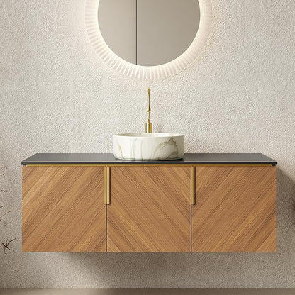 48 Inch Bathroom Vanity with Single Sink, Floating Bathroom Vanity with Vessel Sink, Modern Bathroom Vanity Cabinet with 3 Doors, Sintered Stone Countertop and Stone-Patterned Basin,Brown Oak