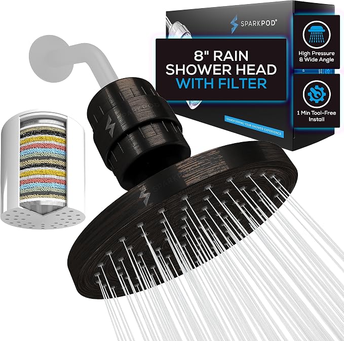 SparkPod Filtered Shower Head, 23-Stage, 8" Round, Oil-Rubbed Bronze | Showerhead for Hard Water, High Pressure, Reduces Chlorine, Heavy Metals, For Dry Skin & Hair, Removable Capsule Filter