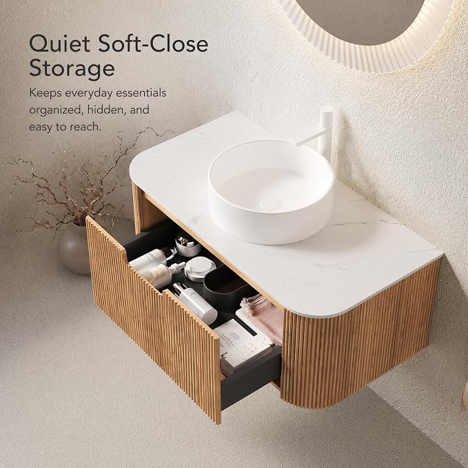 36 Inch Bathroom Vanity with Sink, Floating Wall Mounted Single Sink Vanity, Natural Woodgrain Curved Fluted Front, Stone Top, Pure White Round Vessel Basin, Pre-Assembled