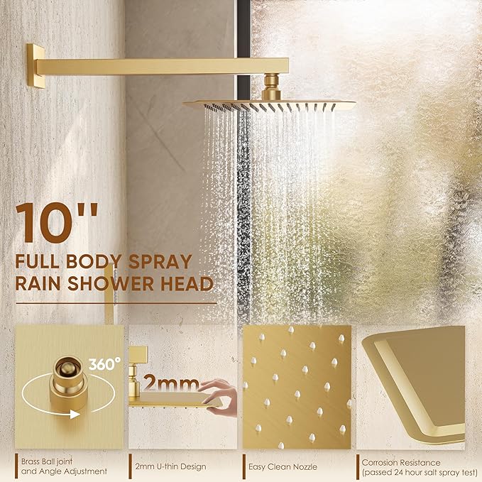 Gold Shower System with Tub Spout, All Metal Tub Shower Faucet Set with 10“ Rain Shower Head and Handheld Spray combo, Wall Mounted Tub Shower System with valve and Trim kit,Brushed Gold