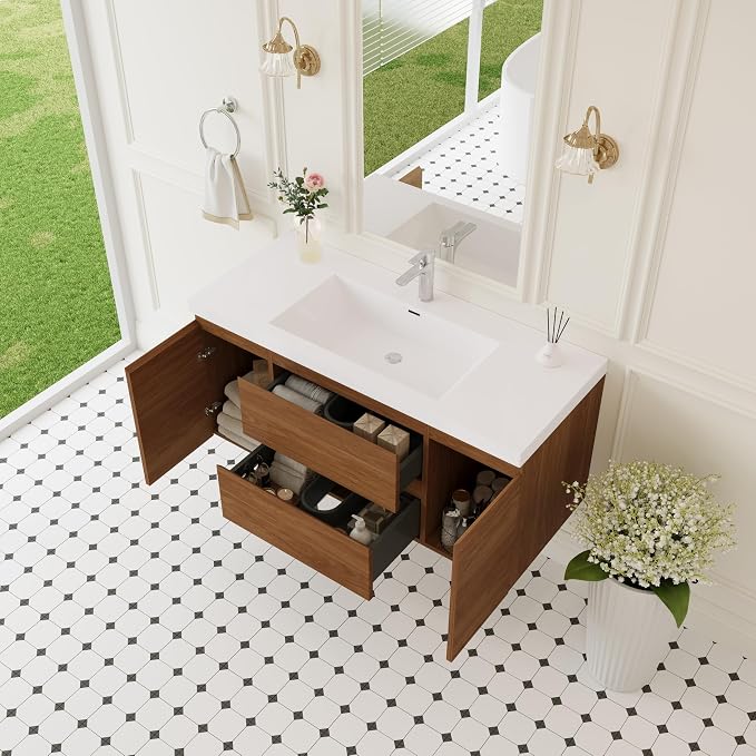 KEIKI 48'' Wall-Mounted Bathroom Vanity with Sink - Floating Design, 2 Soft-Close Drawers & Doors & Resin Basin, Space-Saving for Bathrooms, Walnut
