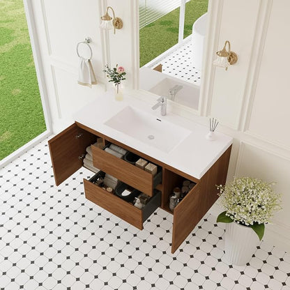 Floating Bathroom Vanity with Sink, 48" Wall-Mounted Bathroom Storage Vanity Cabinet with Resin Top Basin and Soft Close Drawers, No Assembly Required, Honey Gold Walnut
