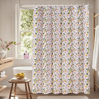 Pink Floral Bird Shower Curtain 72x72, Hummingbird and Lemon Botanical Fabric Bath Curtains, Lightweight Quick-Dry Bathroom Decor Set with Hooks