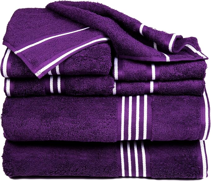 Lavish Home Rio 100% Cotton Towel Set - Eggplant, Medium, 8 Piece | Includes 2 Bath Sheets, 2 Hand Towels, 2 Wash Cloths, 2 Fingertip Sheets, Soft 575 GSM Cotton Set for Shower, Gym, Dorm, Spa