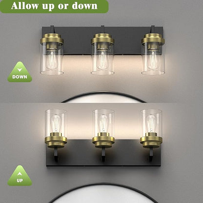 Espird Bathroom Lighting Fixtures, 3-Light Bathroom Vanity Lights Over Mirror, Black and Gold Vanity Light with Glass Shade, Modern Vanity Lighting Fixtures for Bathroom, Bedroom, Hallway