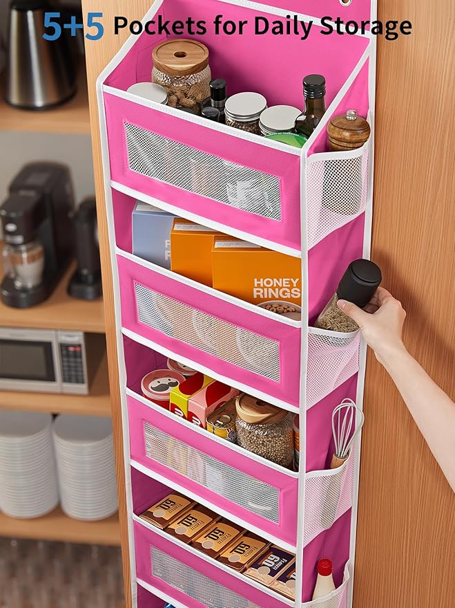 JARLINK Over the Door Organizer for Bathroom, 5 Shelf Rose Pink, 2 Pack | Anti-Tilt Design, 44 lb Load Capacity, Hanging Door Organizer with 5 Large Capacity Pockets, Behind Door Storage for Nursery