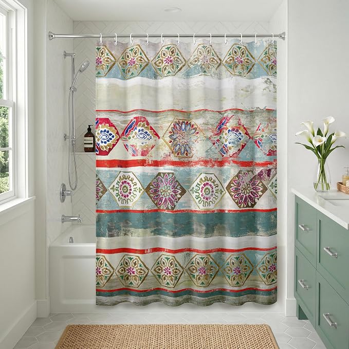 Americanflat 71x74 Boho Shower Curtain - Water-Resistant Long Shower Curtain with Durable Metal Grommets and 12 Hooks - 100% Polyester - Turquoise, Rust Red, Magenta and Olive Green