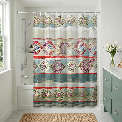 Americanflat 71x74 Boho Shower Curtain - Water-Resistant Long Shower Curtain with Durable Metal Grommets and 12 Hooks - 100% Polyester - Turquoise, Rust Red, Magenta and Olive Green