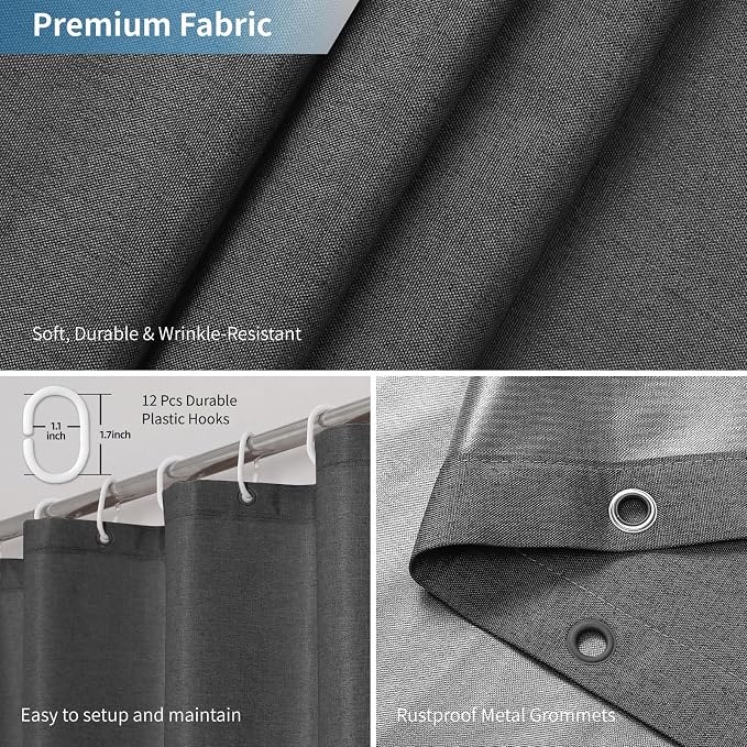 Extra Long Fabric Shower Curtain,No Liner Needed,72x96,CharcoalGrey | 2-in-1 Design,Linen Textured,100% Waterproof TPU-Laminated Backing,Magnetic Weighted,Machine Washable,For Bathroom,Hotel