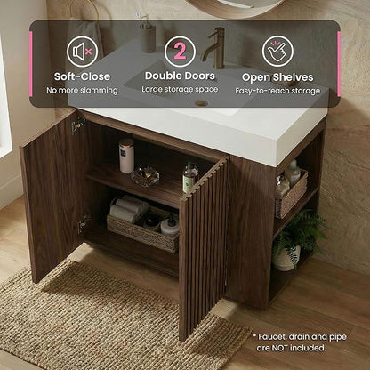 36" Bathroom Vanity with Sink Combo, Mid Century Modern Bathroom Cabinet with Doors & Open Shelf, Glossy White Integrated Sink with Overflow, Brown Walnut