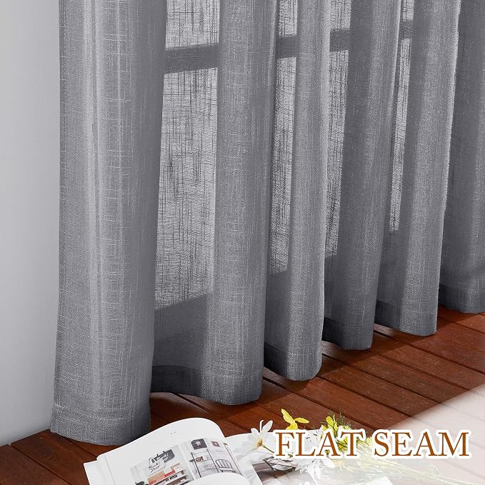 NICETOWN Sheer Curtains 84 inches Long Linen Look for Farmhouse, Rustic Rod Pocket & Back Tab Semi Sheer Window Treatments Balance Light & Privacy for Living Room, 52" Wide, Grey, 2 Panels