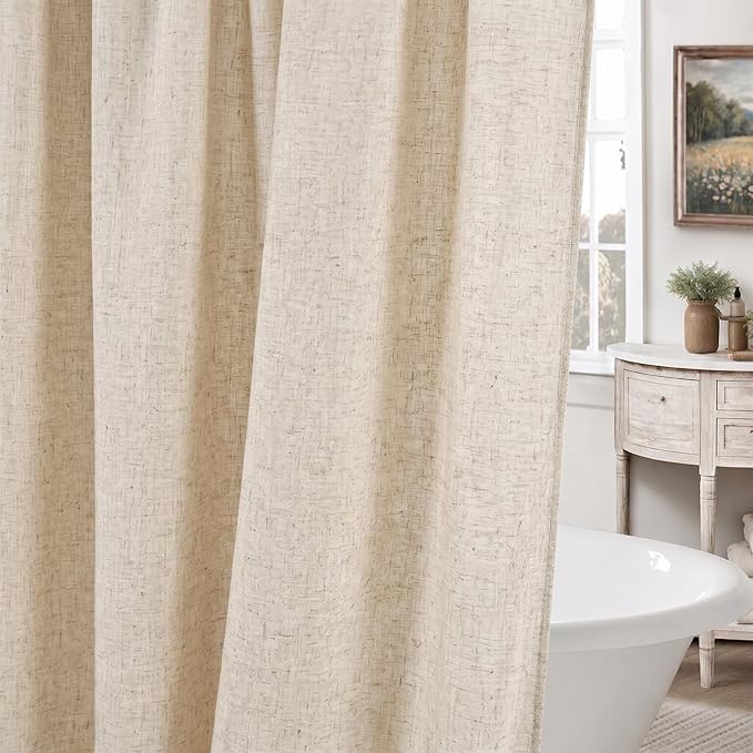 Seasonwood Beige Linen Shower Curtain Farmhouse Bathroom Decor 72x96 Inches | Boho Bathroom Decor,12 Sturdy Stainless Steel Sliding Hangers,Rustic Country Style,Linen Shower Curtains for Bathroom