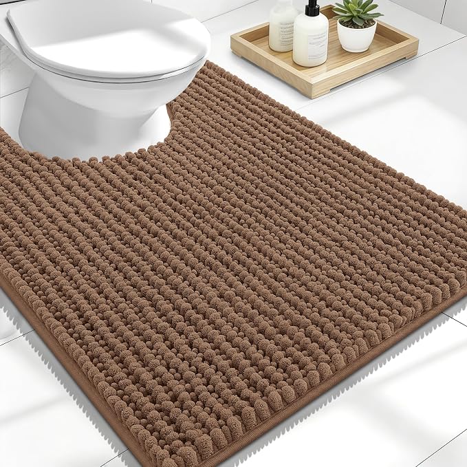 OLANLY Thick Chenille Toilet Rugs U-Shaped 24x20, Mocha | Soft Absorbent Shaggy Contour Bathroom Rugs for Toilet, Dry Quickly, Machine Washable, Non-Slip Bath Mat